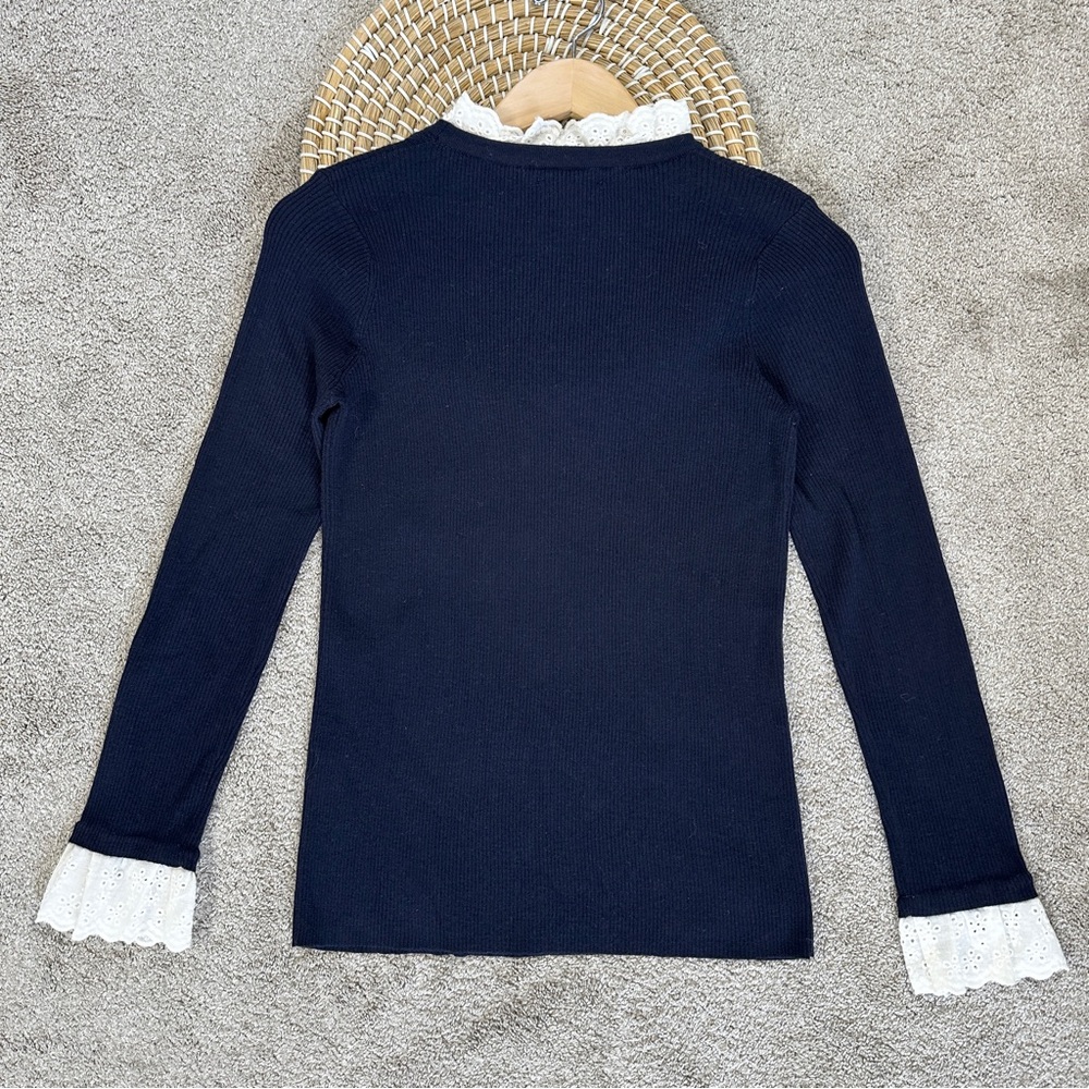SOLD | Tuckernuck Women’s Wool Blend Navy Rosemary Eyelet Knit Top Sweater M - Picture 8 of 14